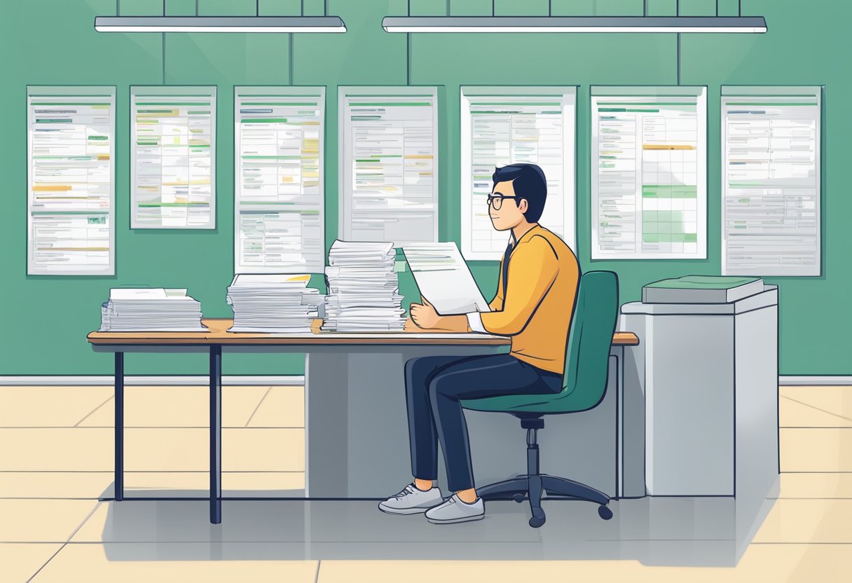 A customer sits at a desk, filling out loan application forms. A licensed money lender in Singapore displays various loan options on a wall chart