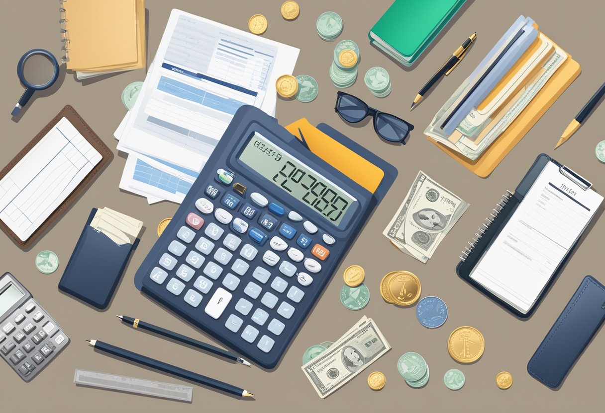 A calculator sits on a desk surrounded by various loan tools and documents. The money lender's logo is prominently displayed on the calculator