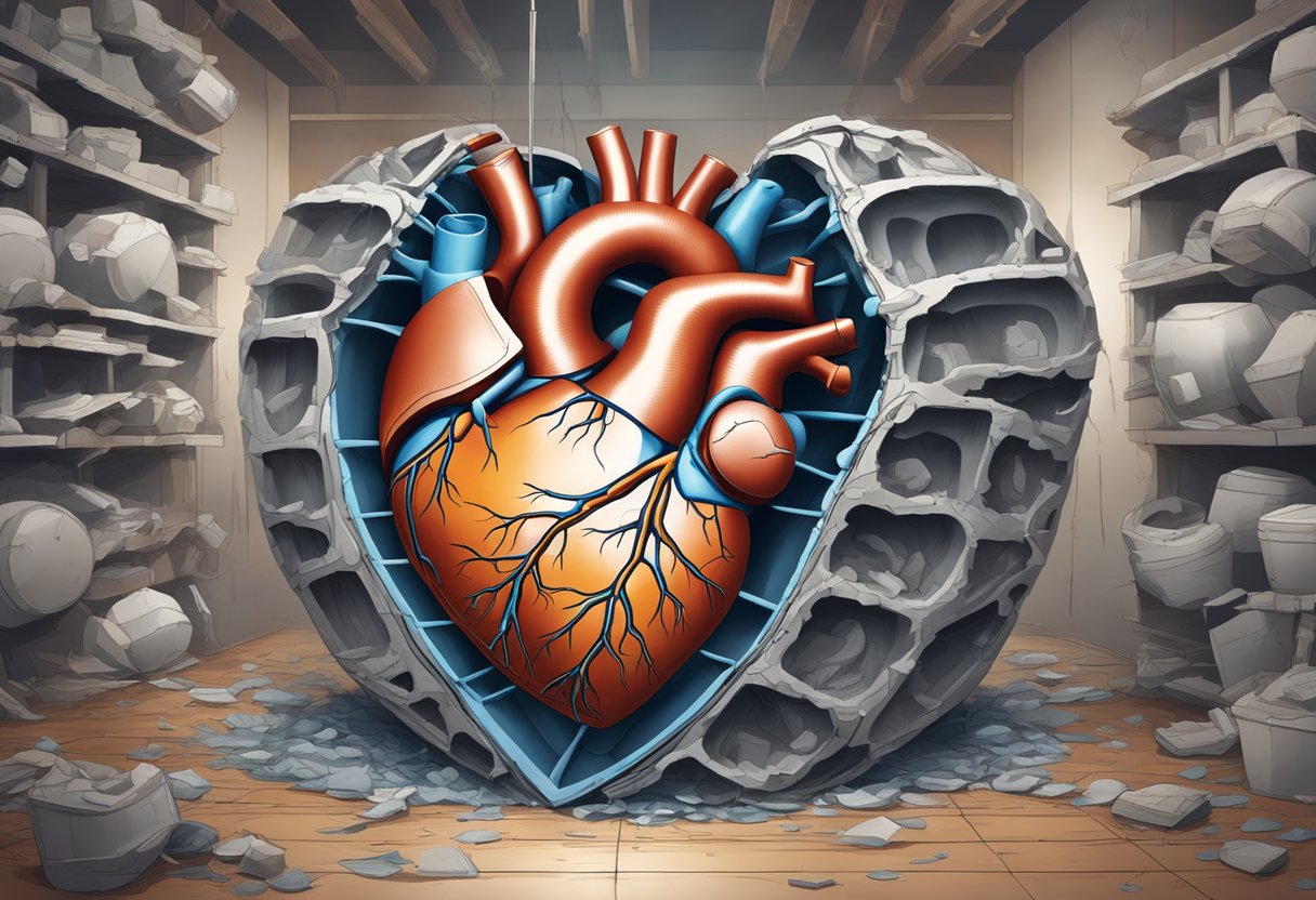 A heart-shaped structure collapsing under pressure, surrounded by damaged vessels and strained muscles