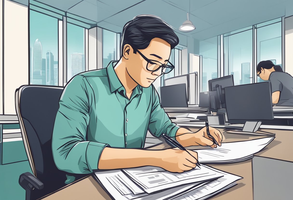 A person fills out paperwork at a government office in Singapore to apply for a legal money lender license