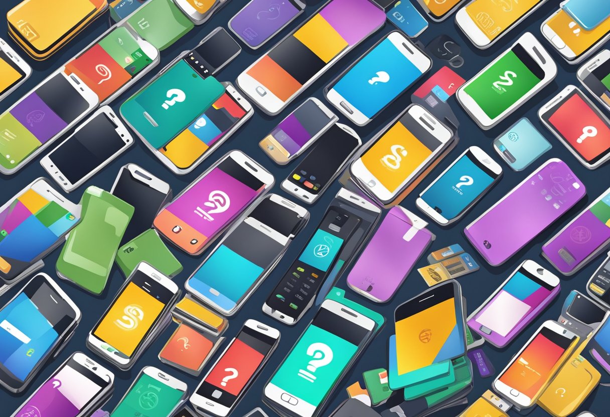A stack of mobile phones with money lender logos, surrounded by question marks