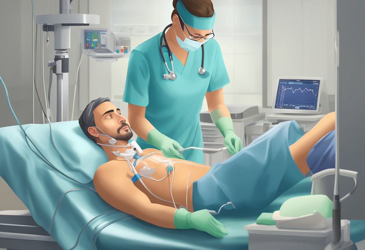 A cardiologist carefully inserts a catheter into the patient's heart, delivering medication to treat heart failure. The patient lies still on the operating table as the procedure is performed