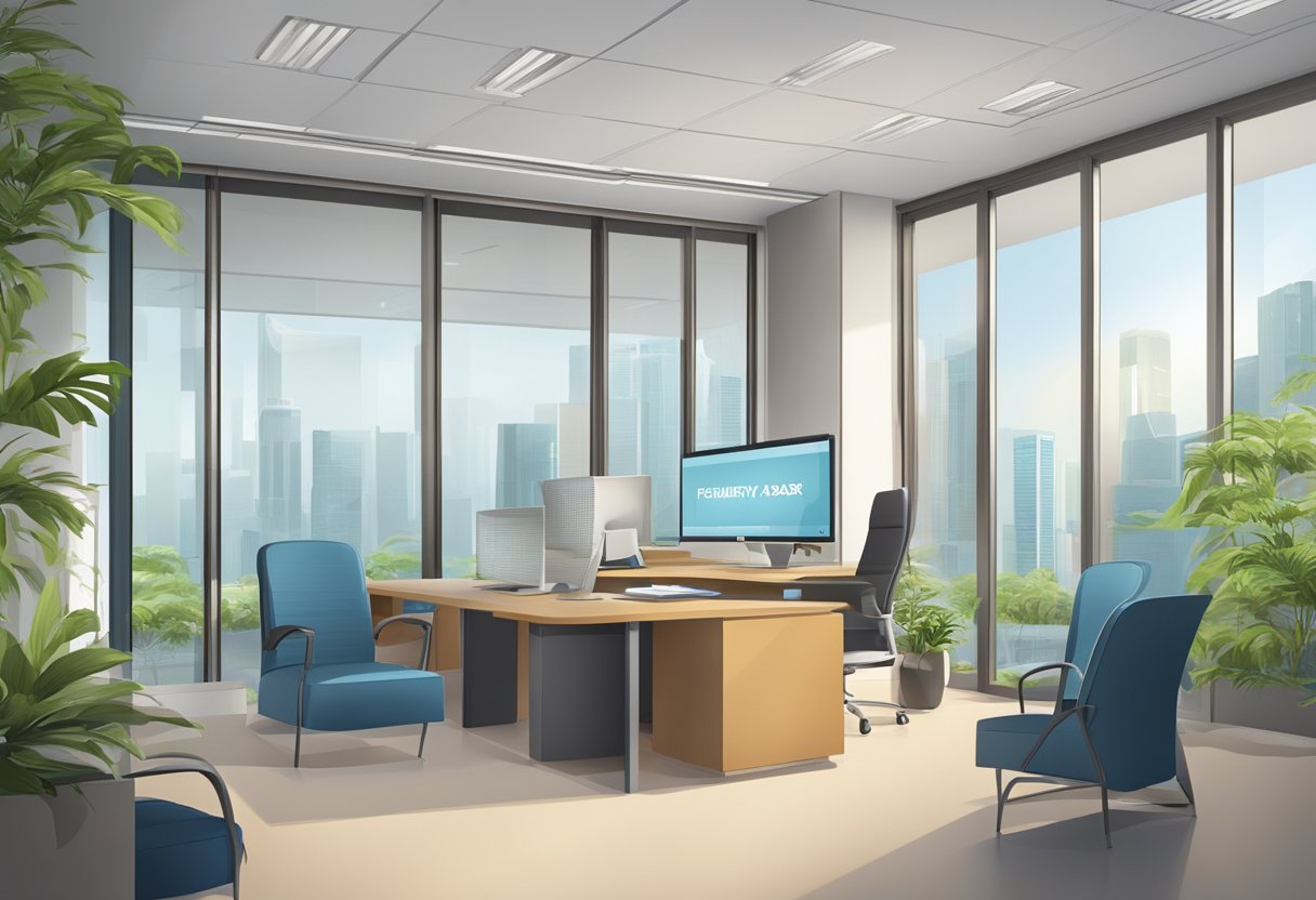 A bright and welcoming office space with a prominent "Frequently Asked Questions" sign, showcasing the accolades of an award-winning licensed money lender in Singapore