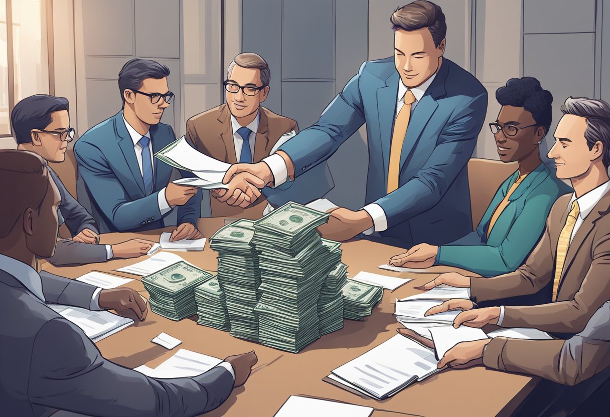 A group of investors gather around a table, exchanging documents and shaking hands. One person holds a stack of money while another points to a contract. The room is filled with a sense of collaboration and financial opportunity