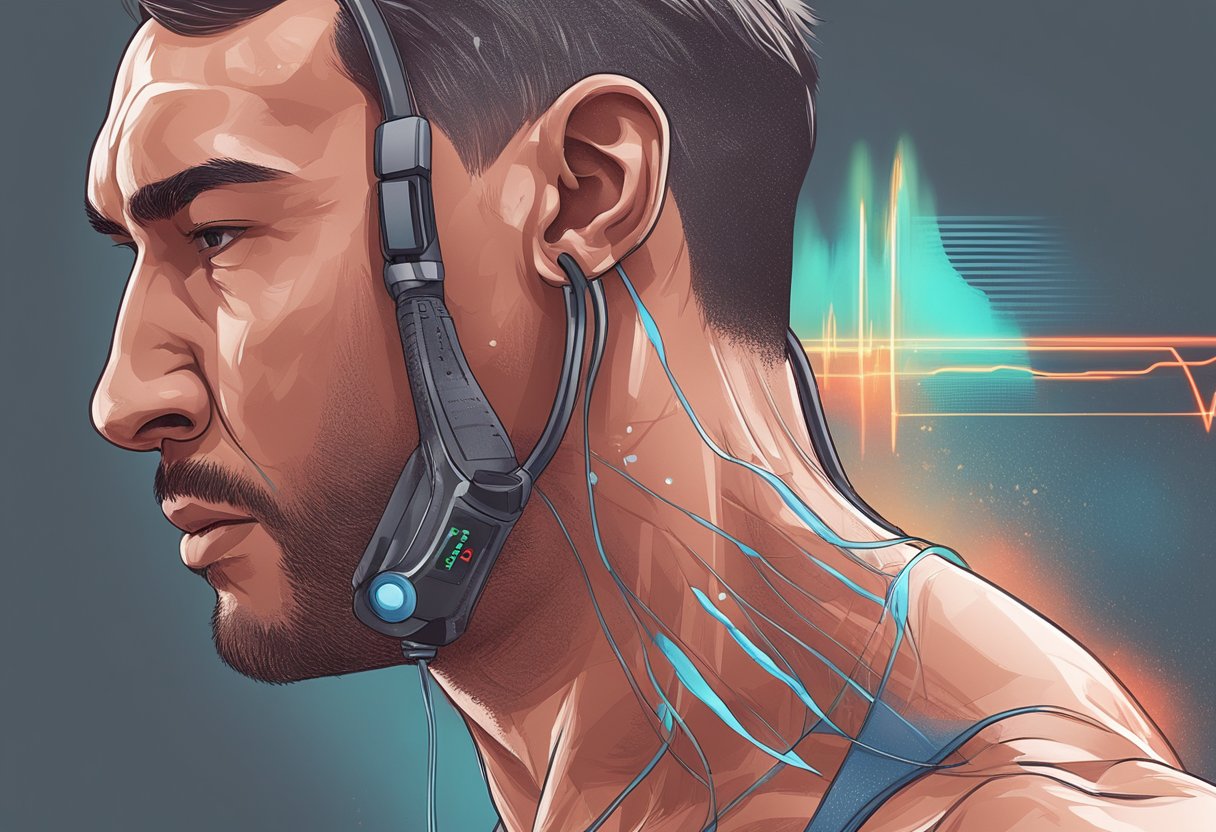 A heart rate monitor displaying a high, red number. Sweat drips down the face of the exerciser as they struggle to catch their breath