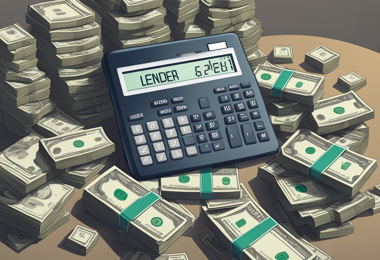 A calculator surrounded by stacks of money with a lender's sign