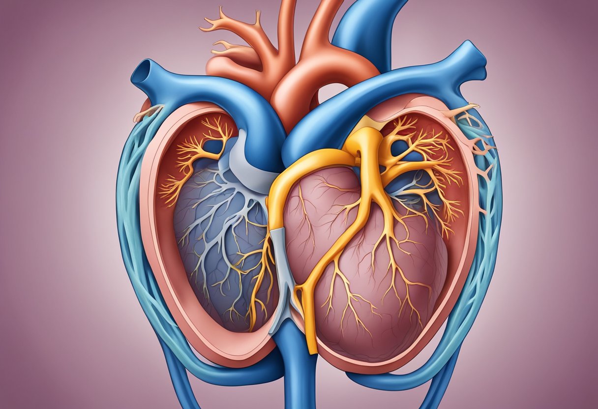 A clogged vein in the heart, with narrow passage and obstructed flow, surrounded by healthy tissue
