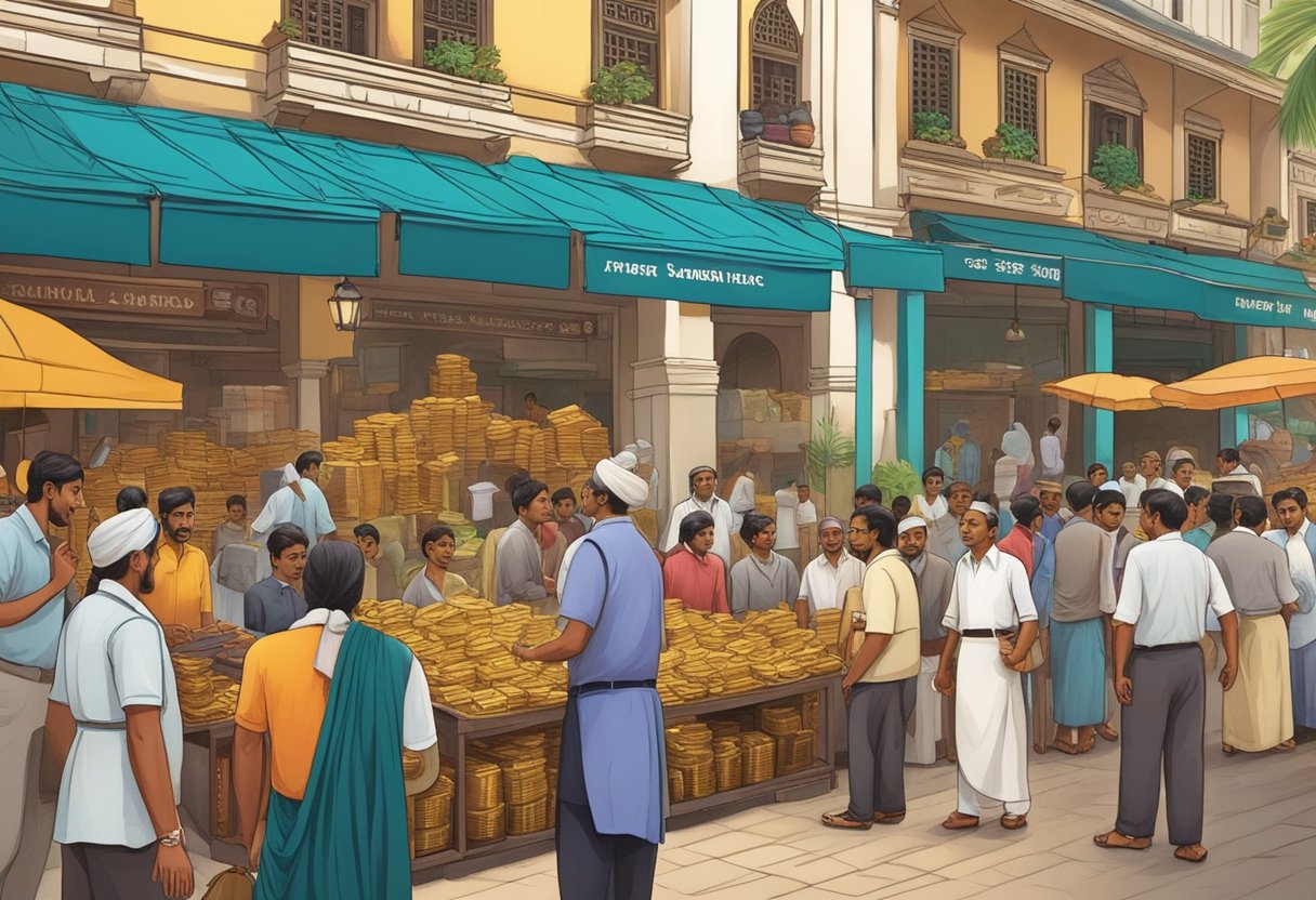 Indian money lenders in Singapore, exchanging goods and currency in a bustling market square. The historic buildings and vibrant atmosphere capture the essence of their centuries-old trade