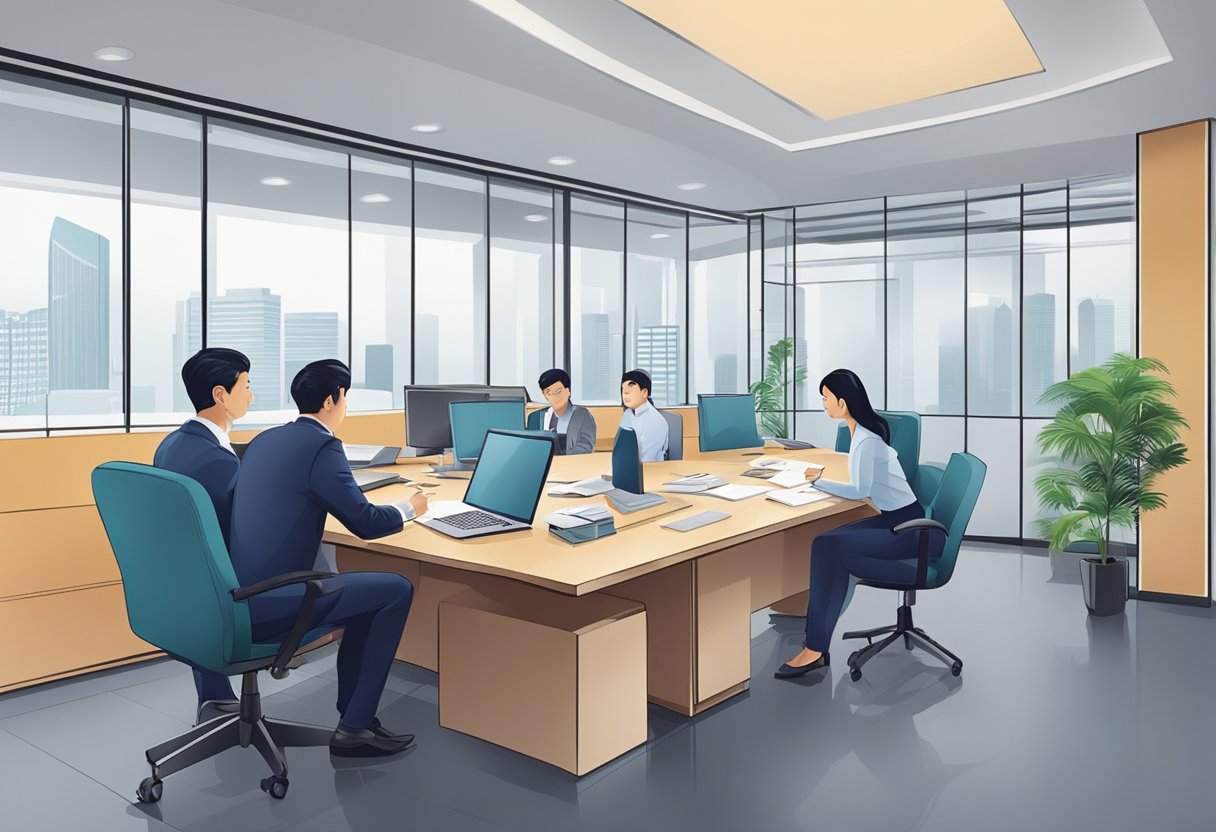 A government office with officials reviewing documents and conducting interviews for money lender license applications in Singapore