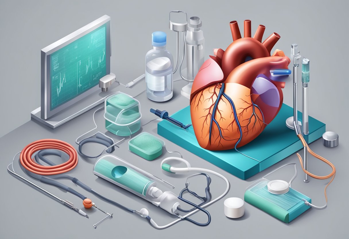 A heart with a blocked vein, surrounded by medical equipment and treatment options