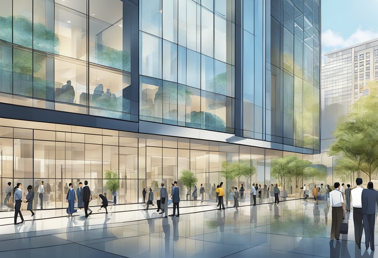 The international plaza bustles with activity as money lenders conduct transactions in their offices. The sleek, modern architecture of the building contrasts with the traditional business practices inside