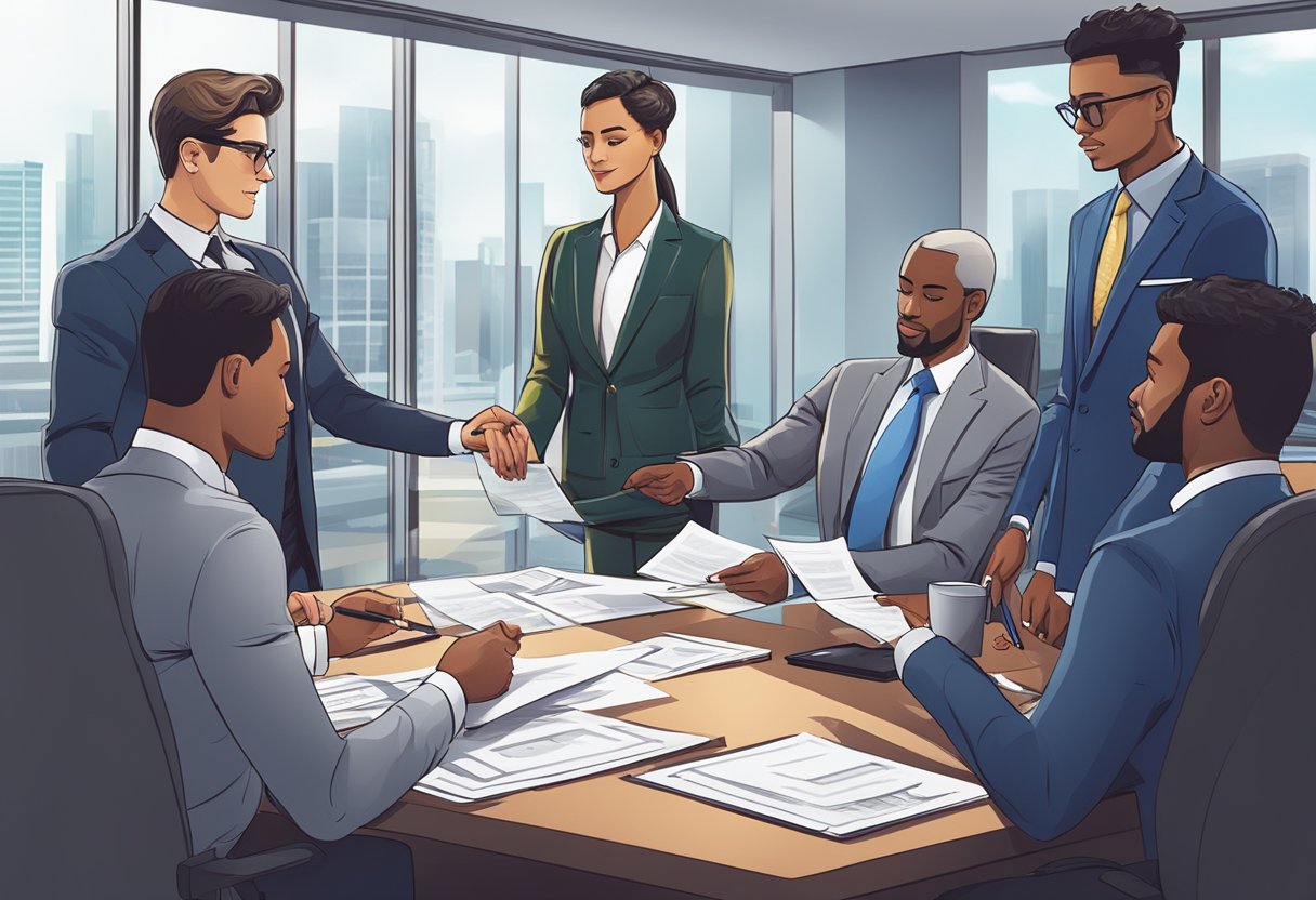 A group of people in business attire exchanging money and signing contracts in a sleek office setting. The atmosphere is professional and transactional