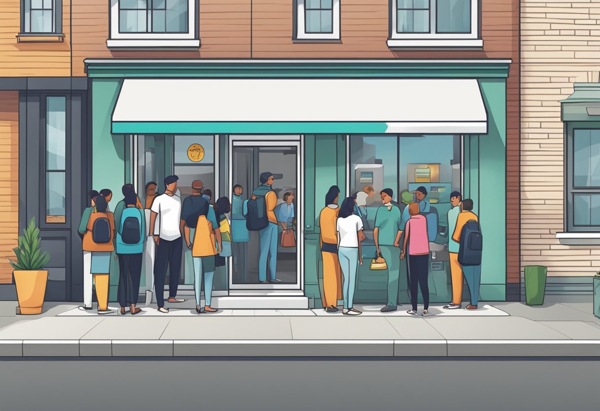 A1 money lender logo displayed on a clean, modern storefront with a line of customers waiting to enter