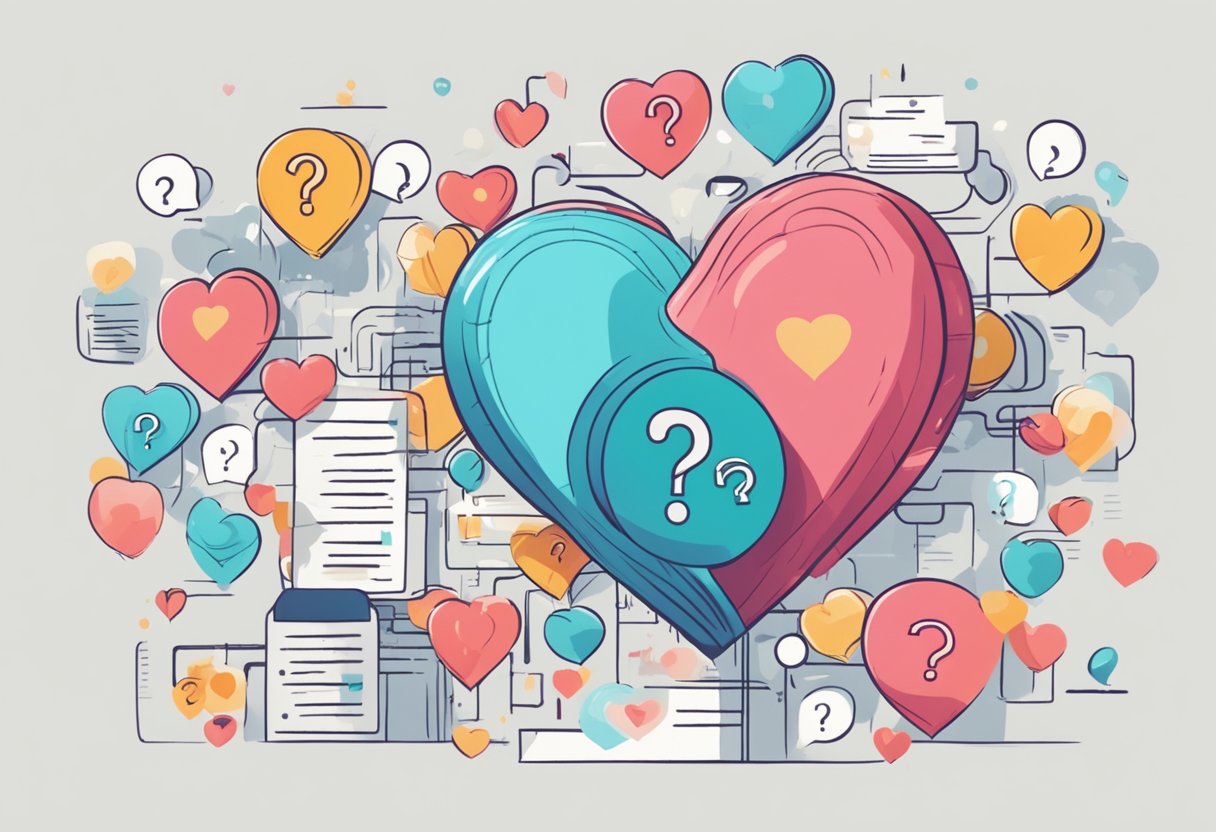 A heart with a blocked vein, surrounded by question marks and a FAQ sign