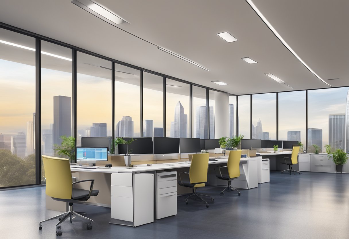 A sleek, modern office at International Plaza, with a prominent license displayed. The atmosphere is professional and trustworthy, with a focus on financial services