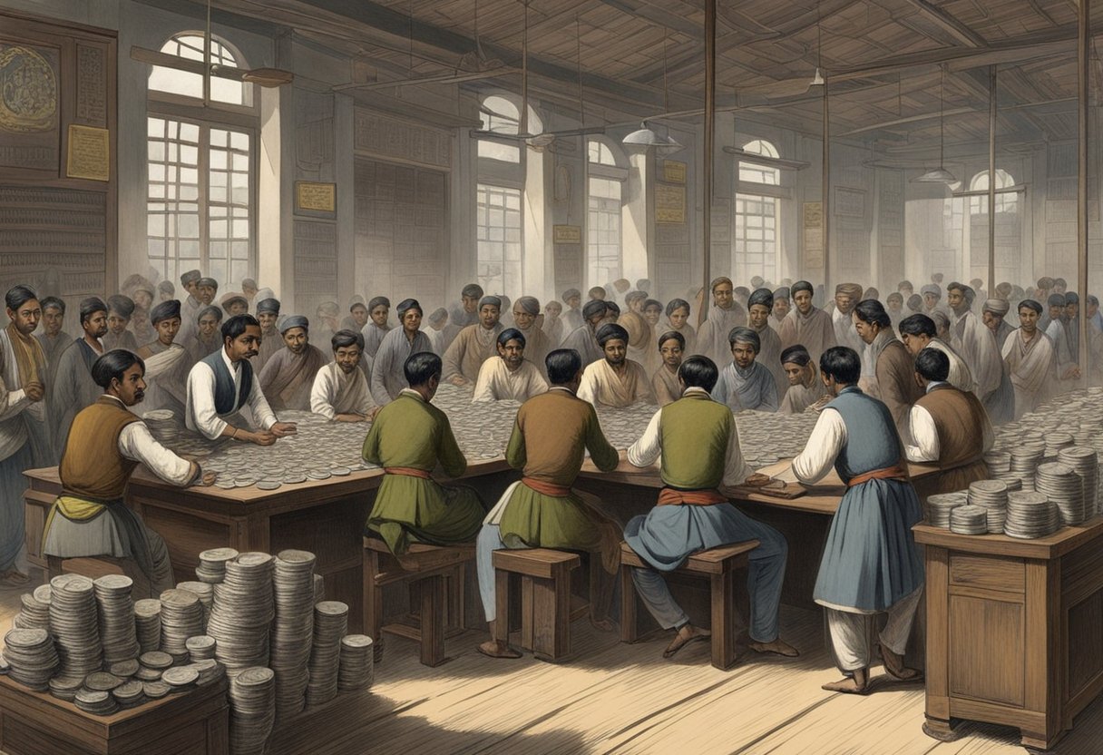 An Indian moneylender's office in 19th century Singapore, with a large ledger, piles of coins, and a bustling crowd of borrowers seeking loans