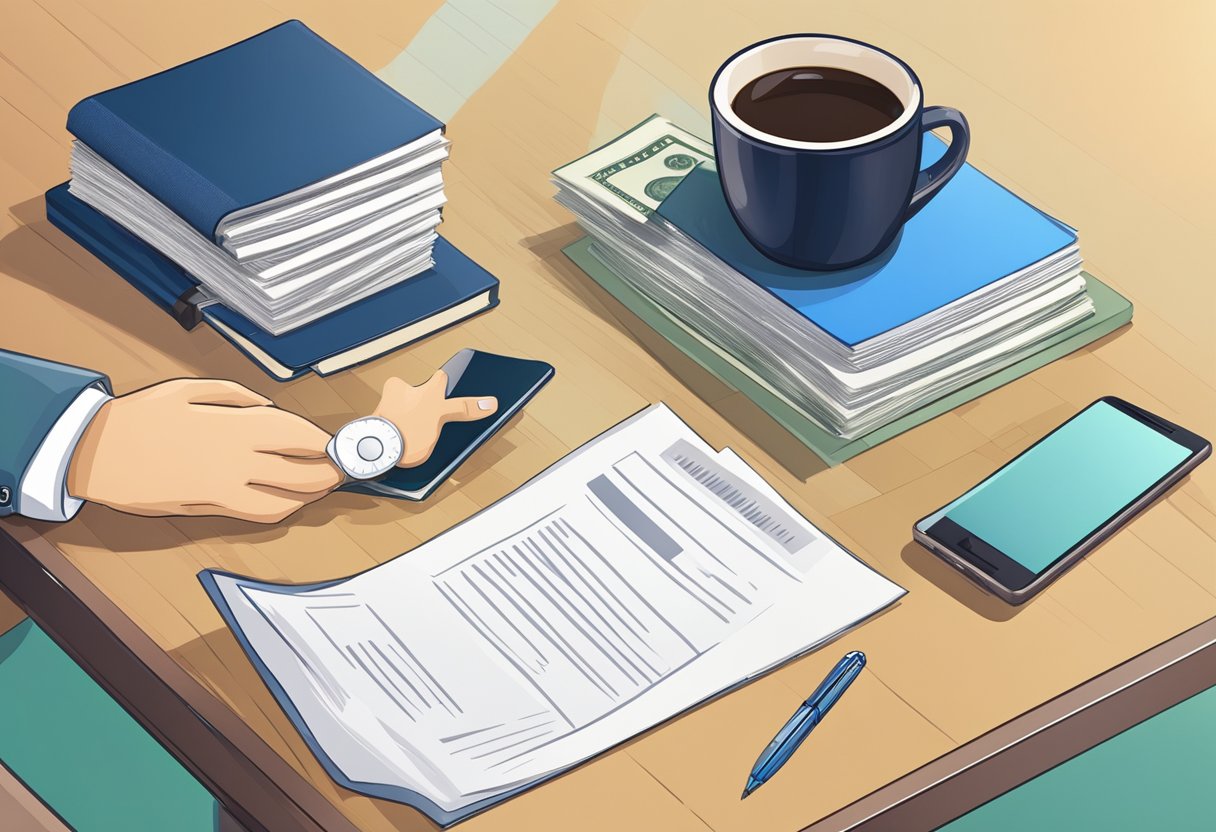 A table with documents, a laptop, and a phone. A stack of cash and a property deed on the table. A handshake between two people