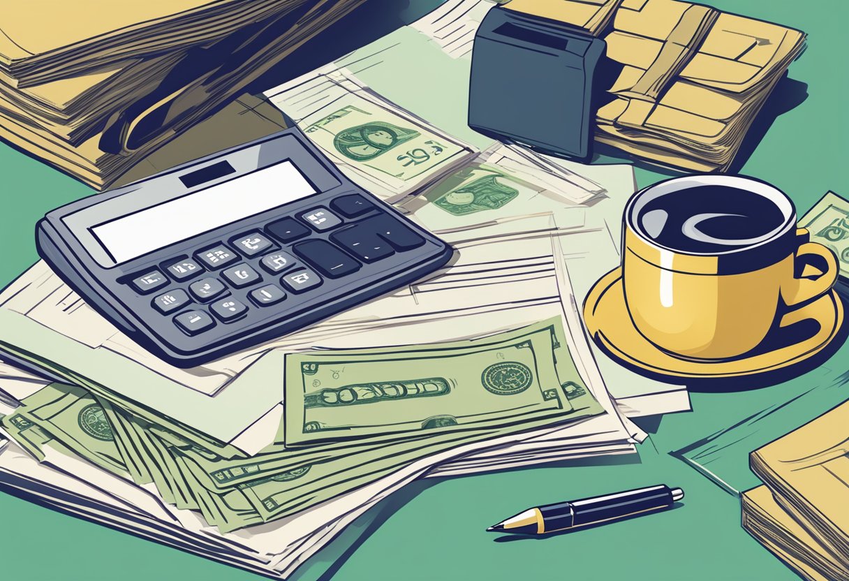 A table with a stack of money, a contract, and a calculator, surrounded by financial documents and a sign advertising "best licensed money lender package."