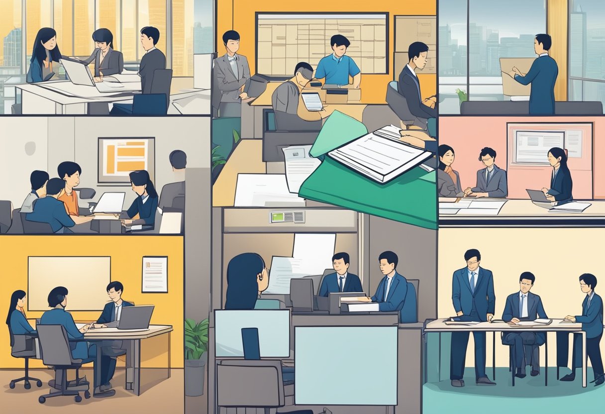 A person applying for a legal money lender license in Singapore, filling out forms, meeting with officials, and receiving approval