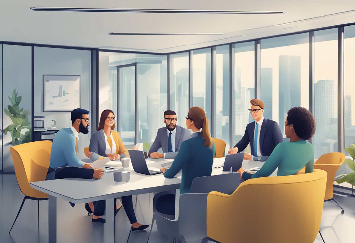 A group of business professionals discussing loan terms with commercial money lenders in a modern office setting