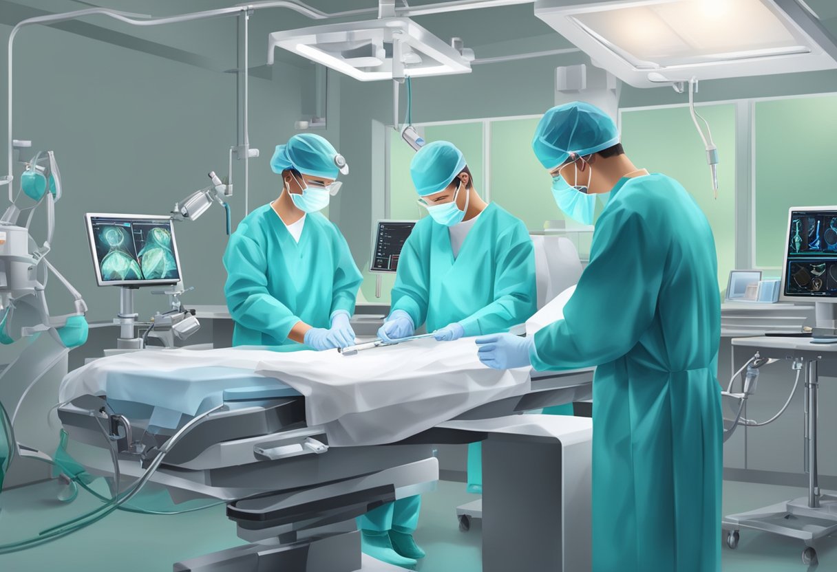 Surgeons perform heart surgery with precision instruments and monitors
