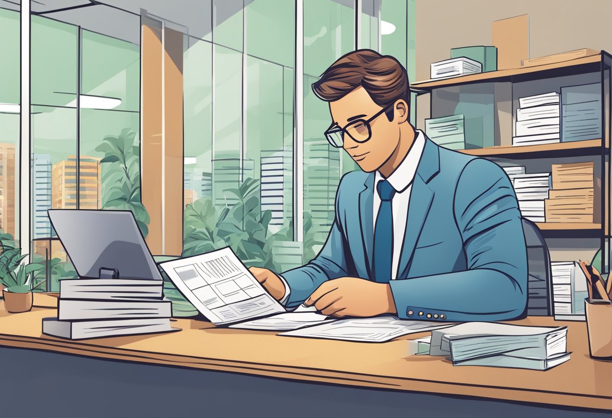 A customer sits at a desk, filling out loan application forms at International Plaza. A money lender assists them, while signs and brochures advertise loan services