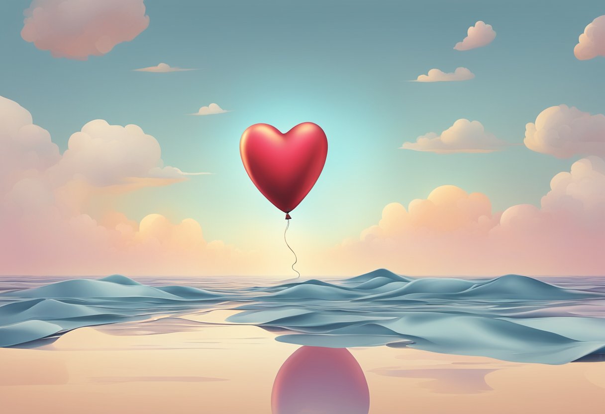 A heart-shaped balloon deflates slowly, sinking to the ground