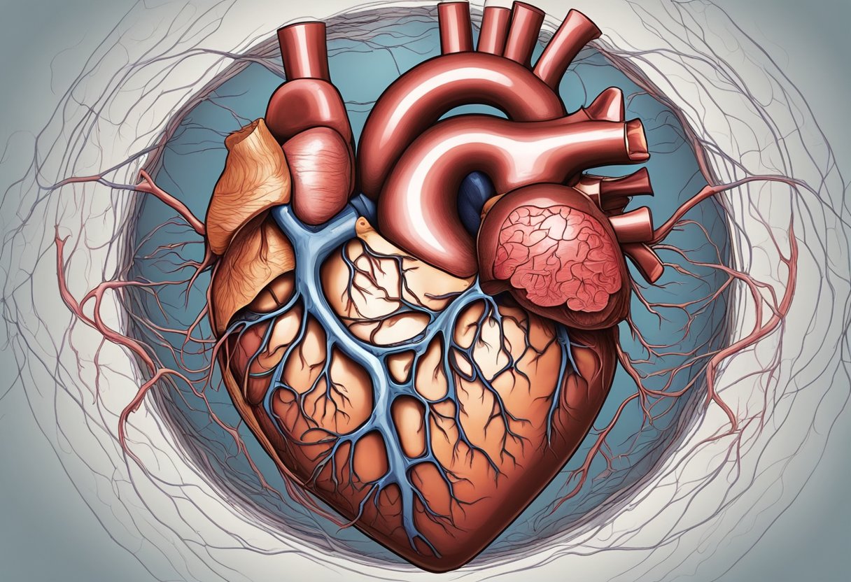 The scene depicts a heart with the right side enlarged and weakened, surrounded by congested blood vessels and fluid buildup in the body