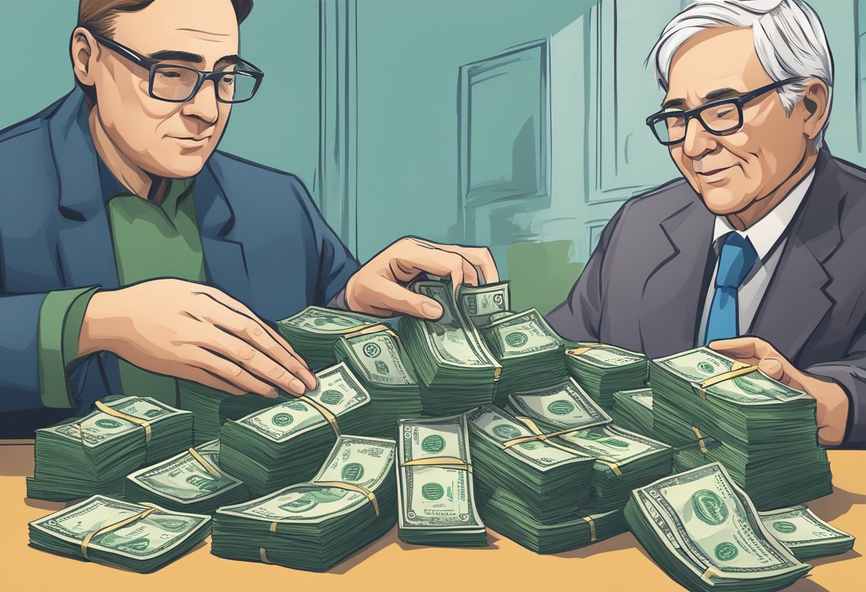A person counting money while a lender watches closely