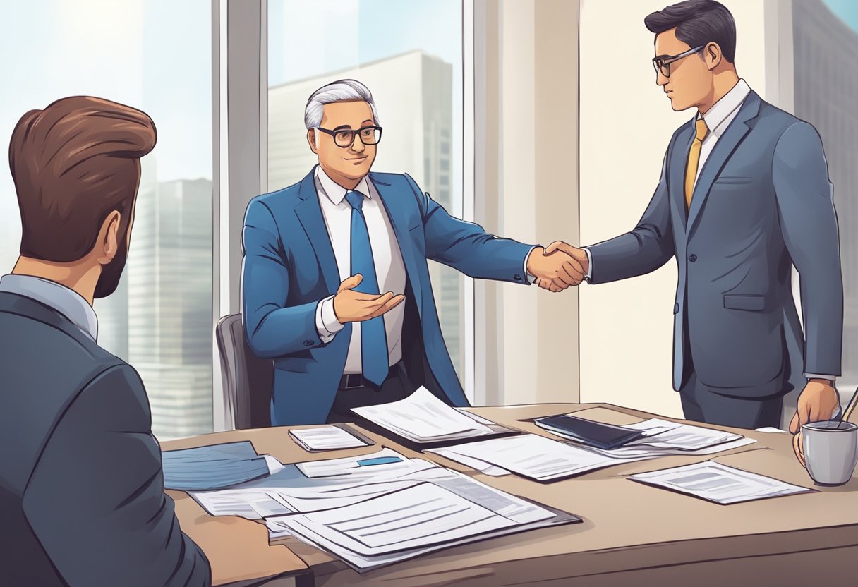 A businessman submits paperwork to a lender, while discussing terms and interest rates. The lender reviews documents and offers a handshake