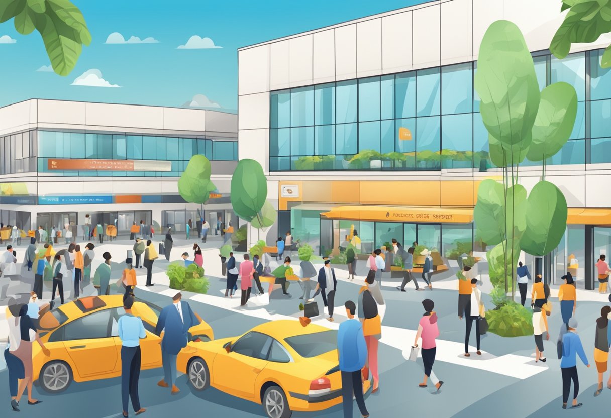 A busy international plaza with people visiting a license money lender
