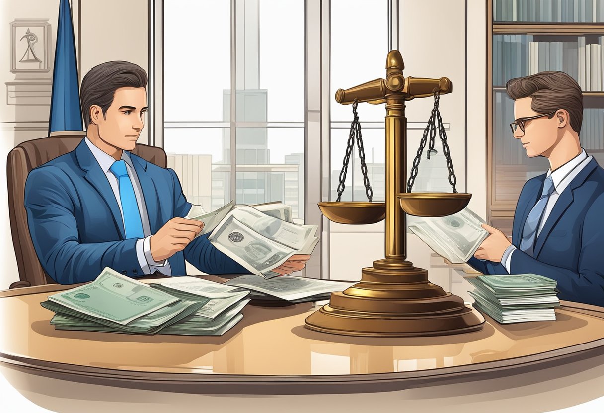 A law firm advises on licensed moneylenders, with legal documents and a scale of justice on the desk