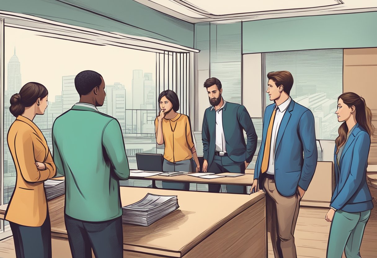 A group of people approach a private money lender with questions, while the lender confidently provides answers and guidance