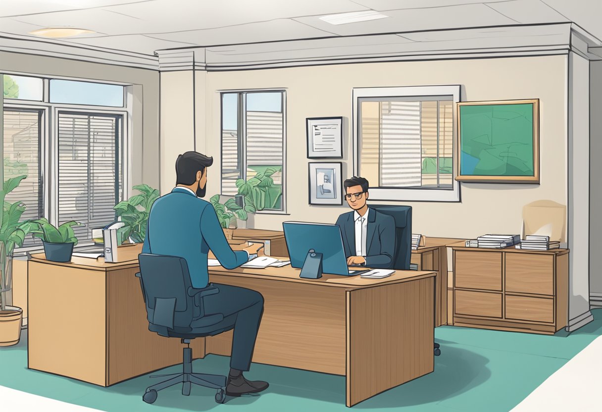 A money lender's office with a sign displaying "Best Licensed Money Lender Package." A customer filling out paperwork at a desk while the lender looks on