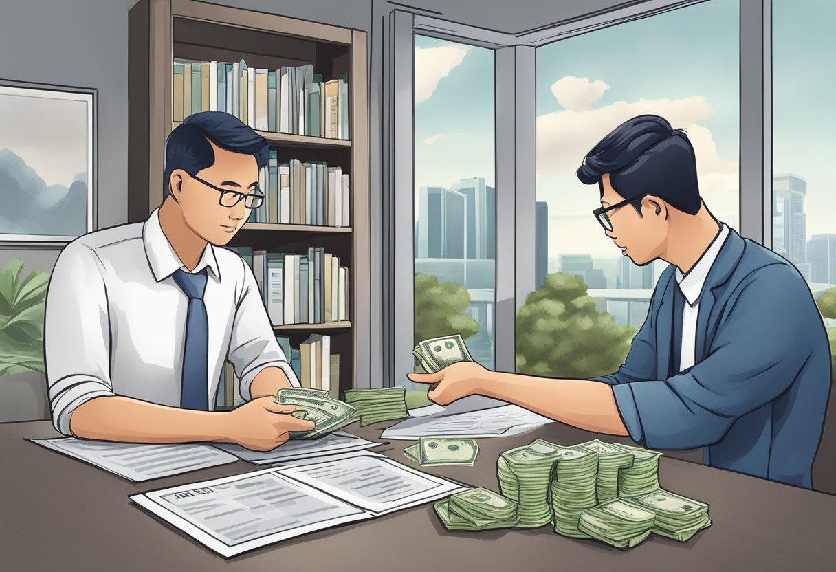 A person in Singapore approaches a money lender, discussing terms and conditions. The lender explains the process and requirements for borrowing money