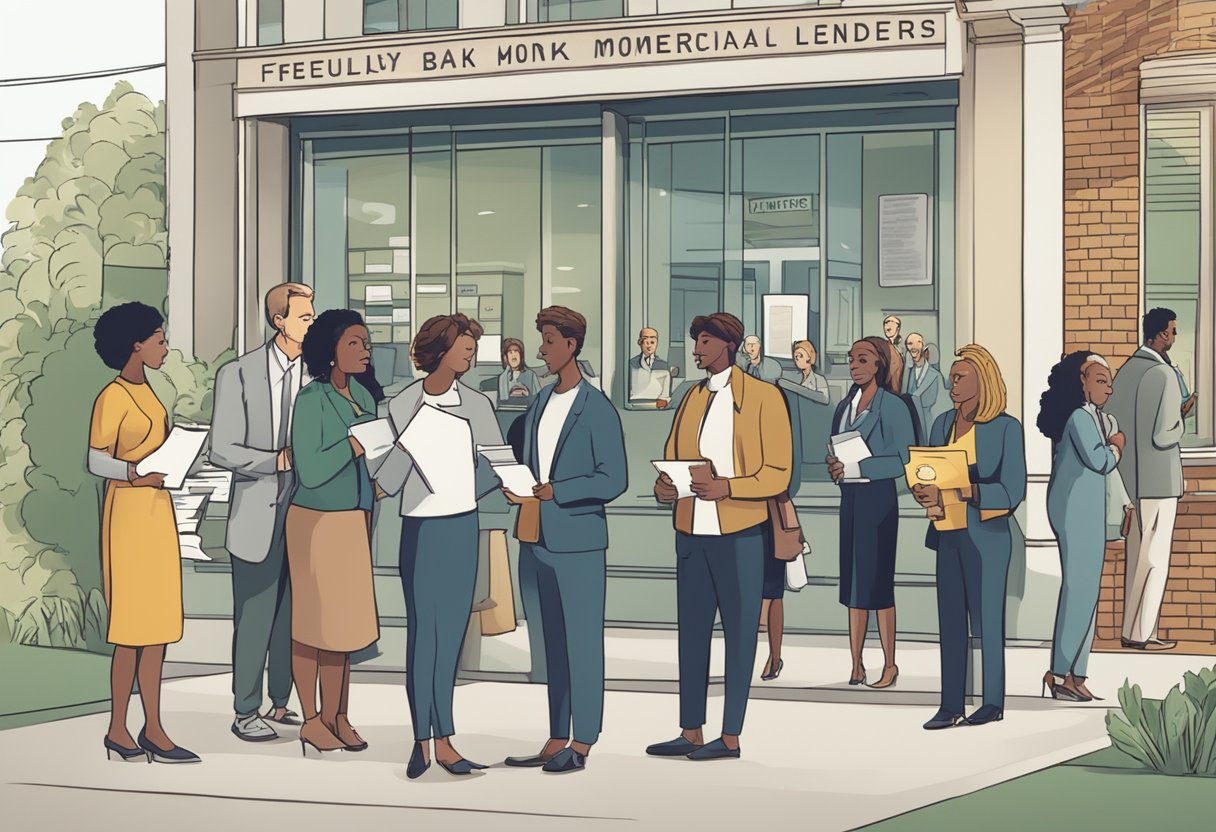 A group of people line up at a bank, holding paperwork and cash. A sign above reads "Frequently Asked Questions commercial money lenders."