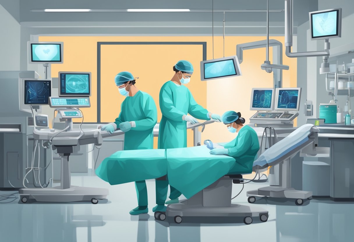A surgeon performing pda heart surgery in a modern operating room with medical equipment and monitors