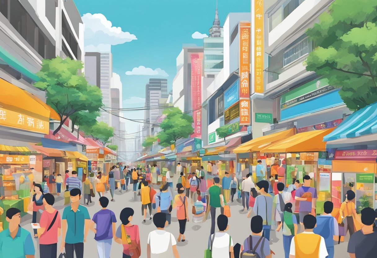A bustling street in Bugis, with colorful shopfronts and a prominent sign for a licensed money lender. Pedestrians and vendors fill the area, adding to the lively atmosphere