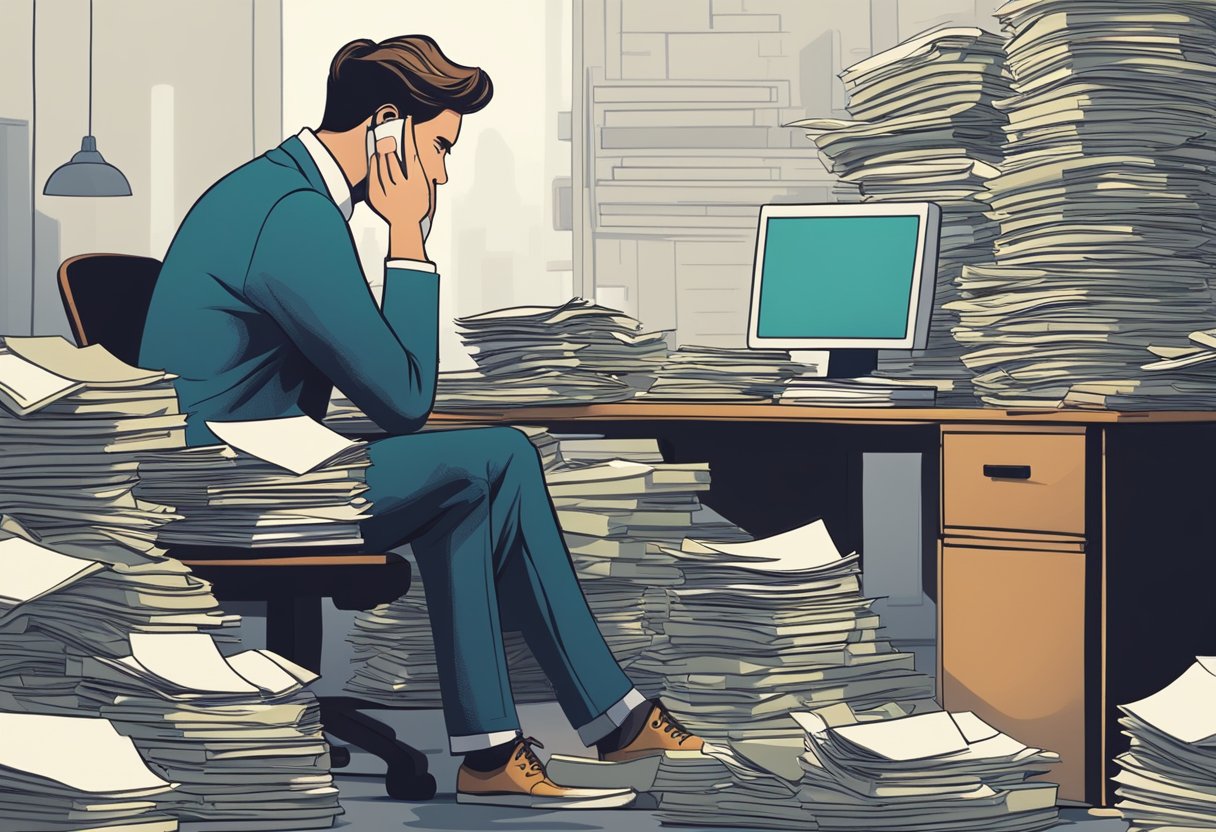 A person sitting at a desk, looking stressed while surrounded by piles of bills and paperwork. A money lender is standing nearby, looking intimidating