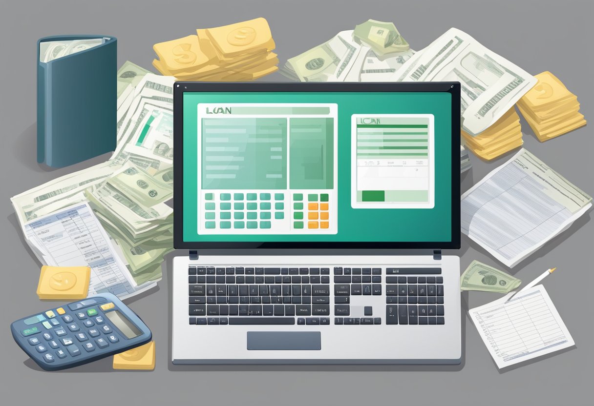 A table with various loan types and terms displayed on a computer screen, surrounded by financial documents and a calculator