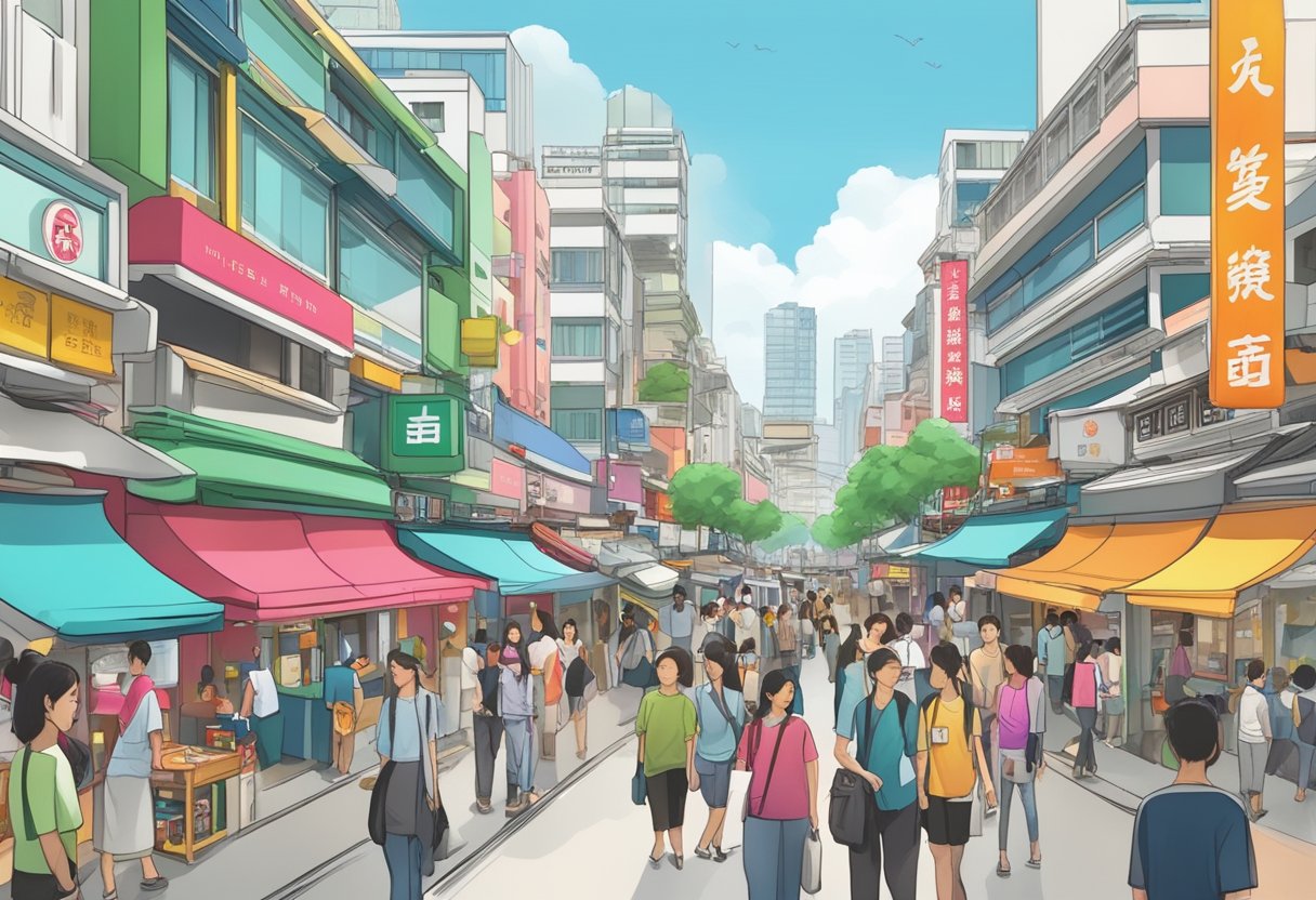 A bustling Bugis street with a prominent licensed money lending office, surrounded by diverse shops and people