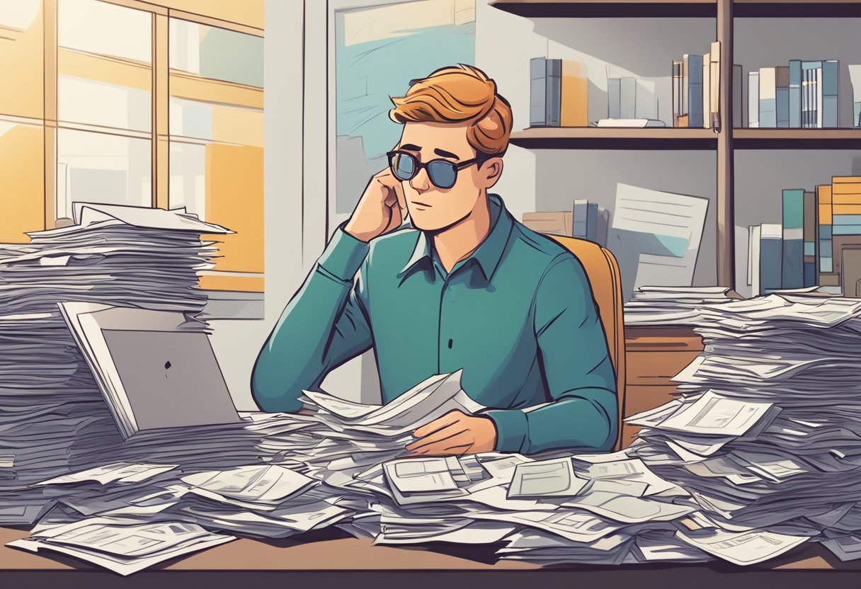 A person sitting at a desk, looking stressed while surrounded by piles of bills and paperwork. A money lender stands nearby, looking impatient