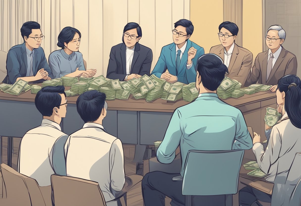A group of money lenders in Singapore eagerly discuss and compare interest rates, while potential borrowers listen intently
