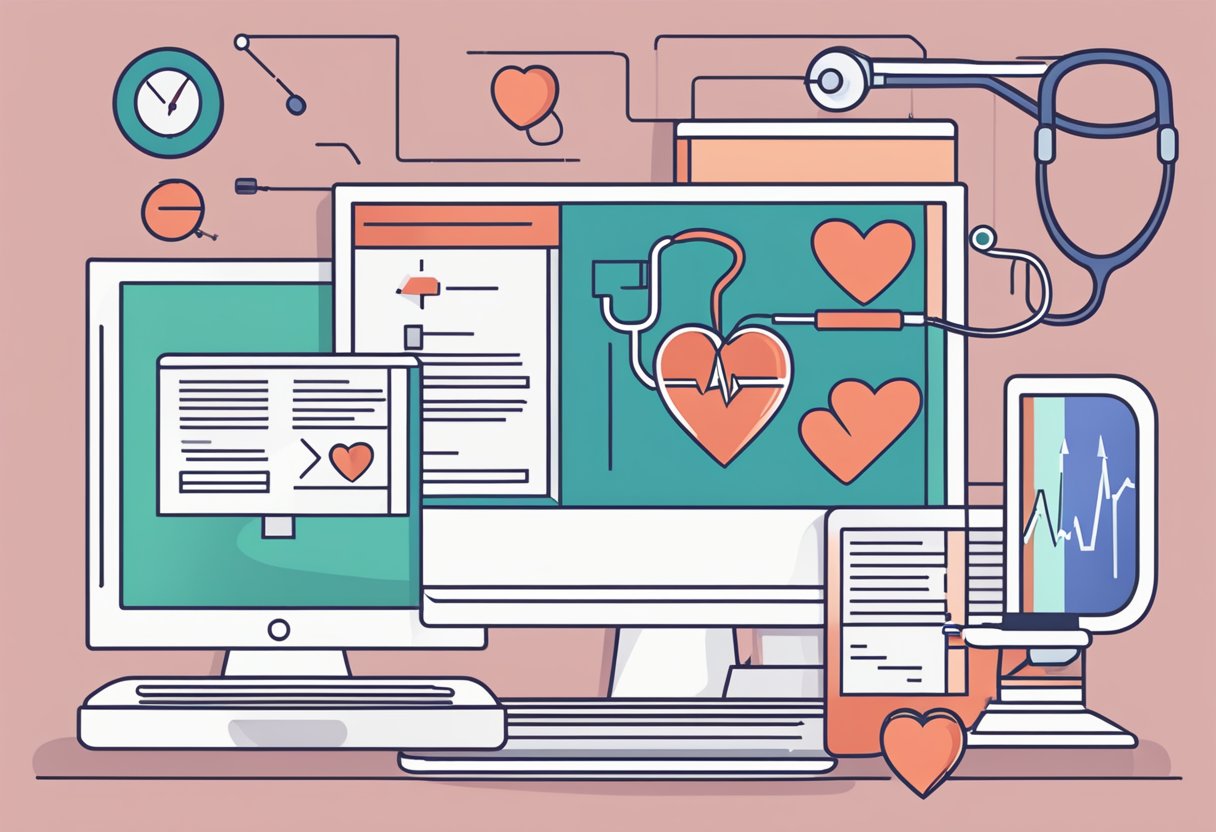 FAQs on right side heart failure: text on a computer screen, a stethoscope, and a heart diagram