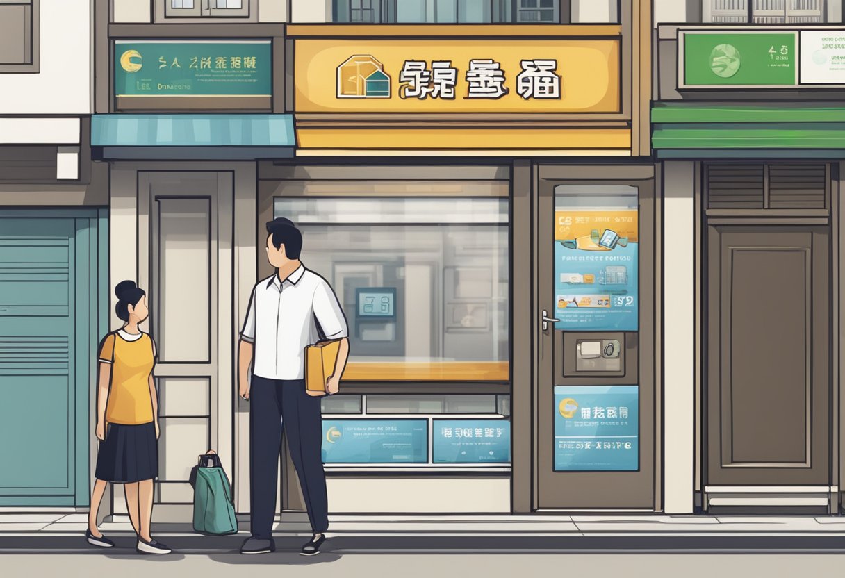 A person standing in front of a licensed moneylender in Bugis, with a sign displaying the company's name and logo