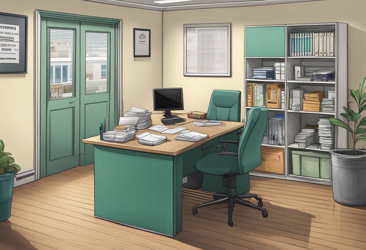 A small office with a desk cluttered with loan documents, a safe in the corner, and a sign displaying "Crawford Money Lender Singapore."