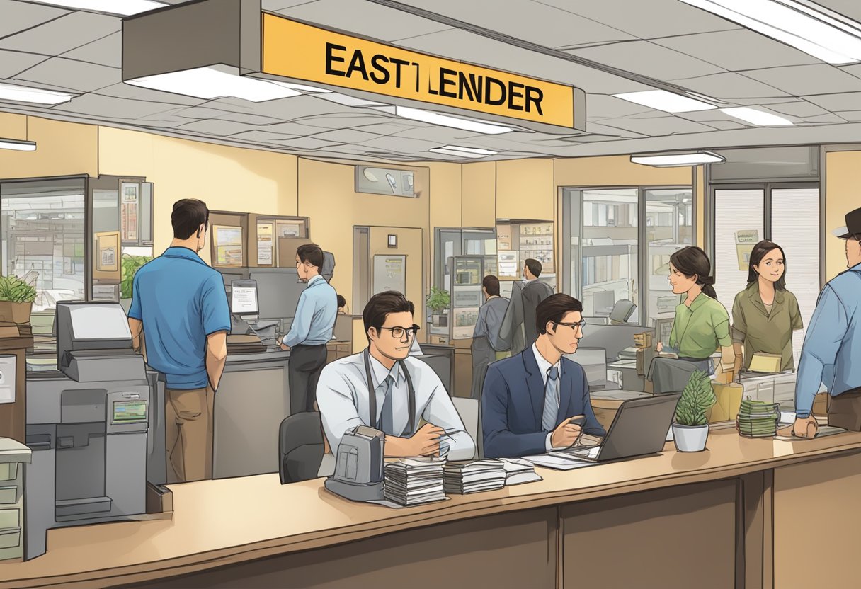 An office in the bustling district, with the sign "licensed money lender east" prominently displayed. Customers wait in line, while a clerk assists a client at the counter