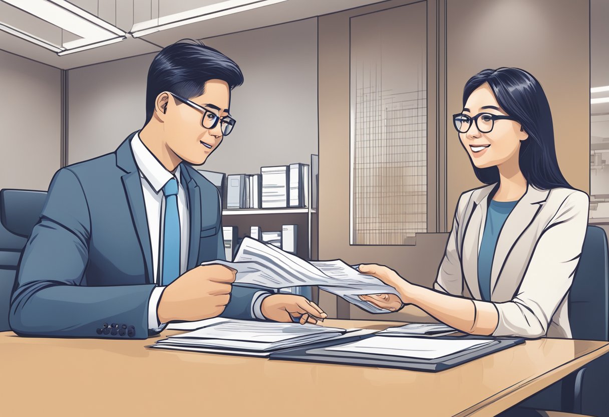 A money lender in Singapore explains loan terms to a customer in an office setting. The lender holds a document while gesturing towards a computer screen displaying financial information