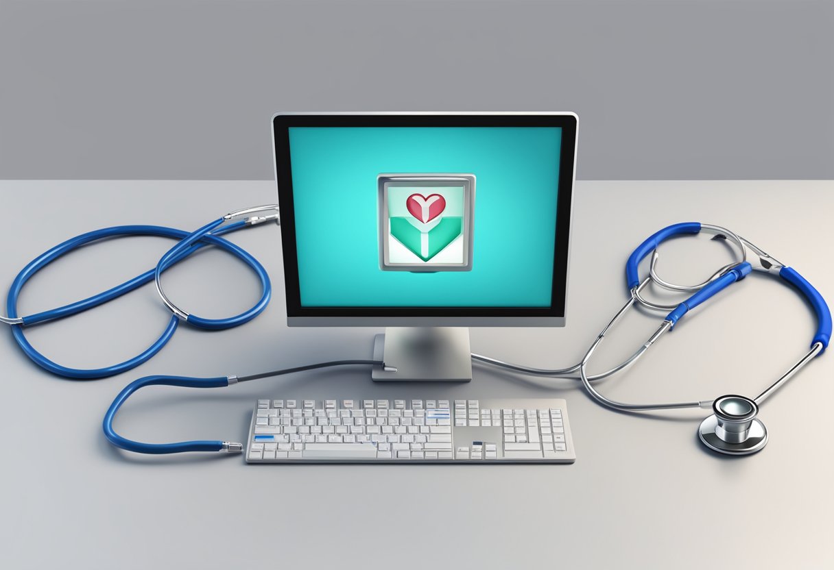A stethoscope resting on a computer tower with the letters "PCI" and "Cardiology" displayed on the screen