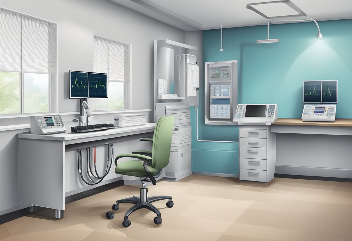 A stethoscope and an EKG machine in a cardiology clinic